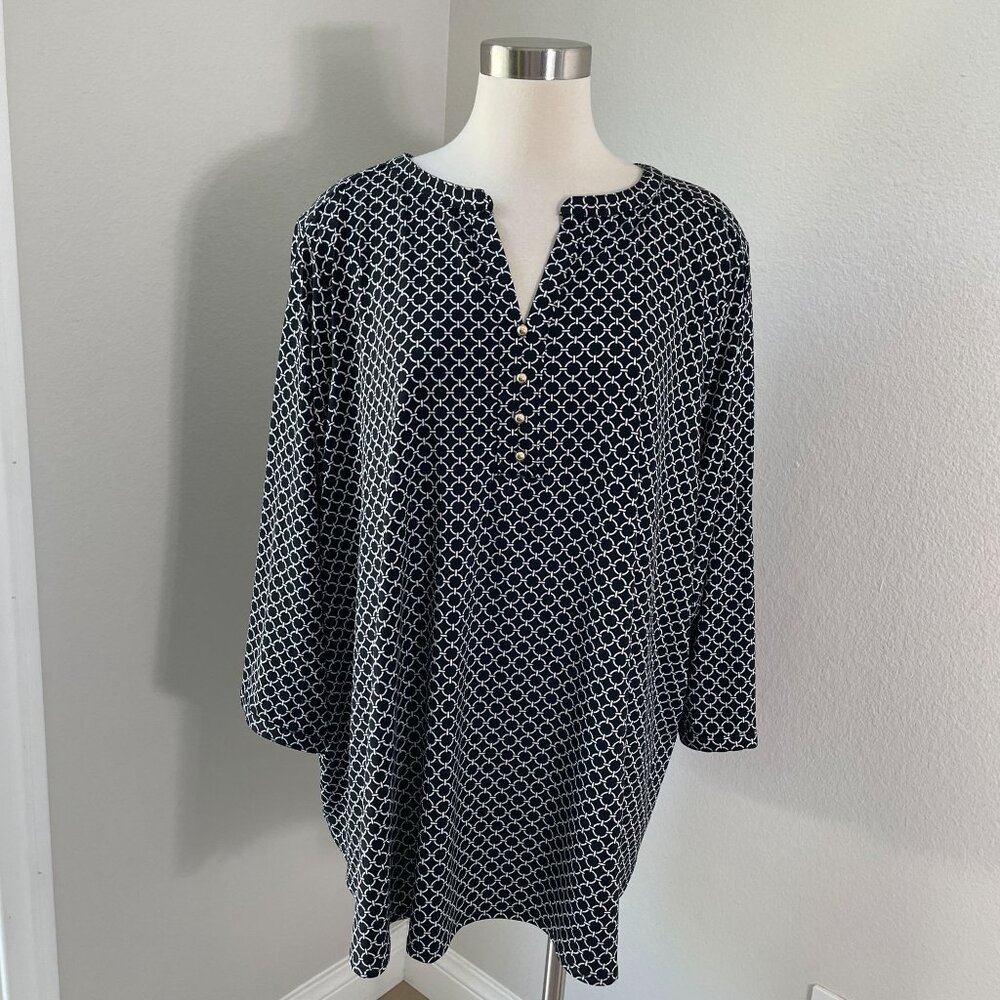 Croft‎ & Barrow Womens Plus 3X Black White Geometric Tunic Top Stretch Shirt